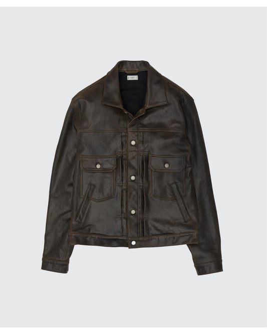 Cracked Leather Trucker Jacket  BLACK