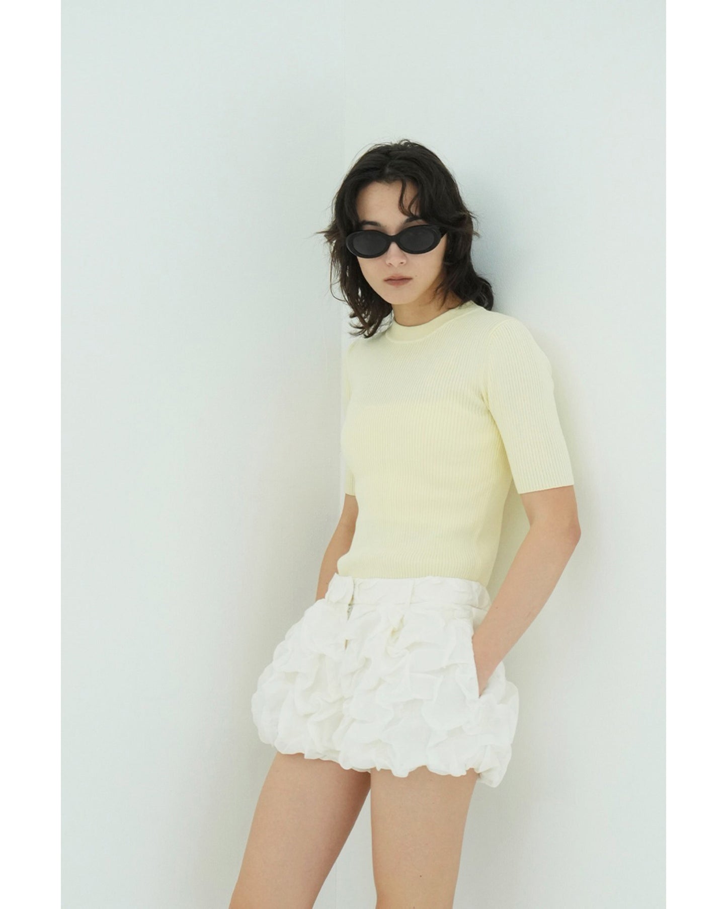 H/N HALF SLEEVE RIB KNIT TOPS
