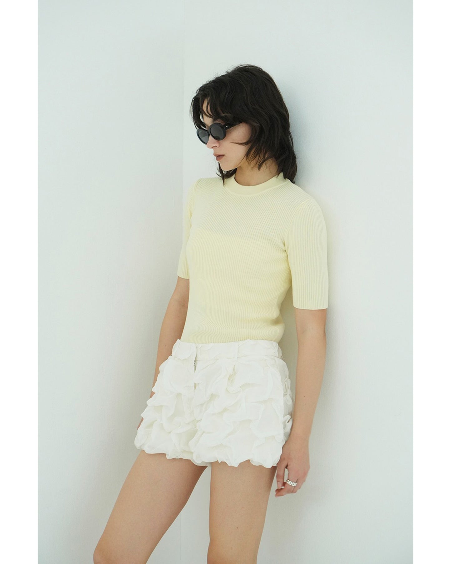 H/N HALF SLEEVE RIB KNIT TOPS
