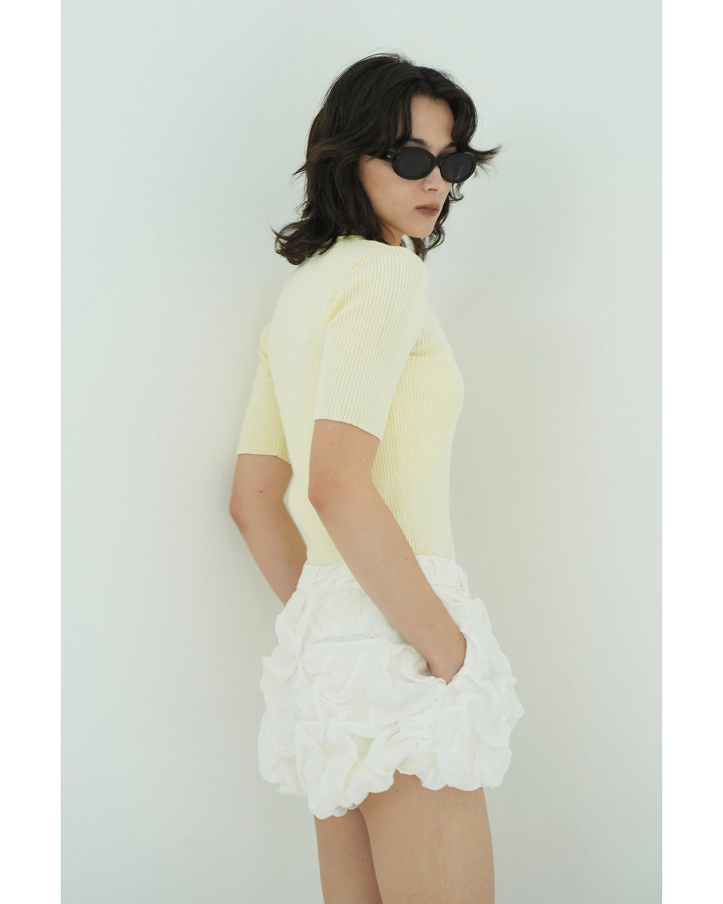 H/N HALF SLEEVE RIB KNIT TOPS