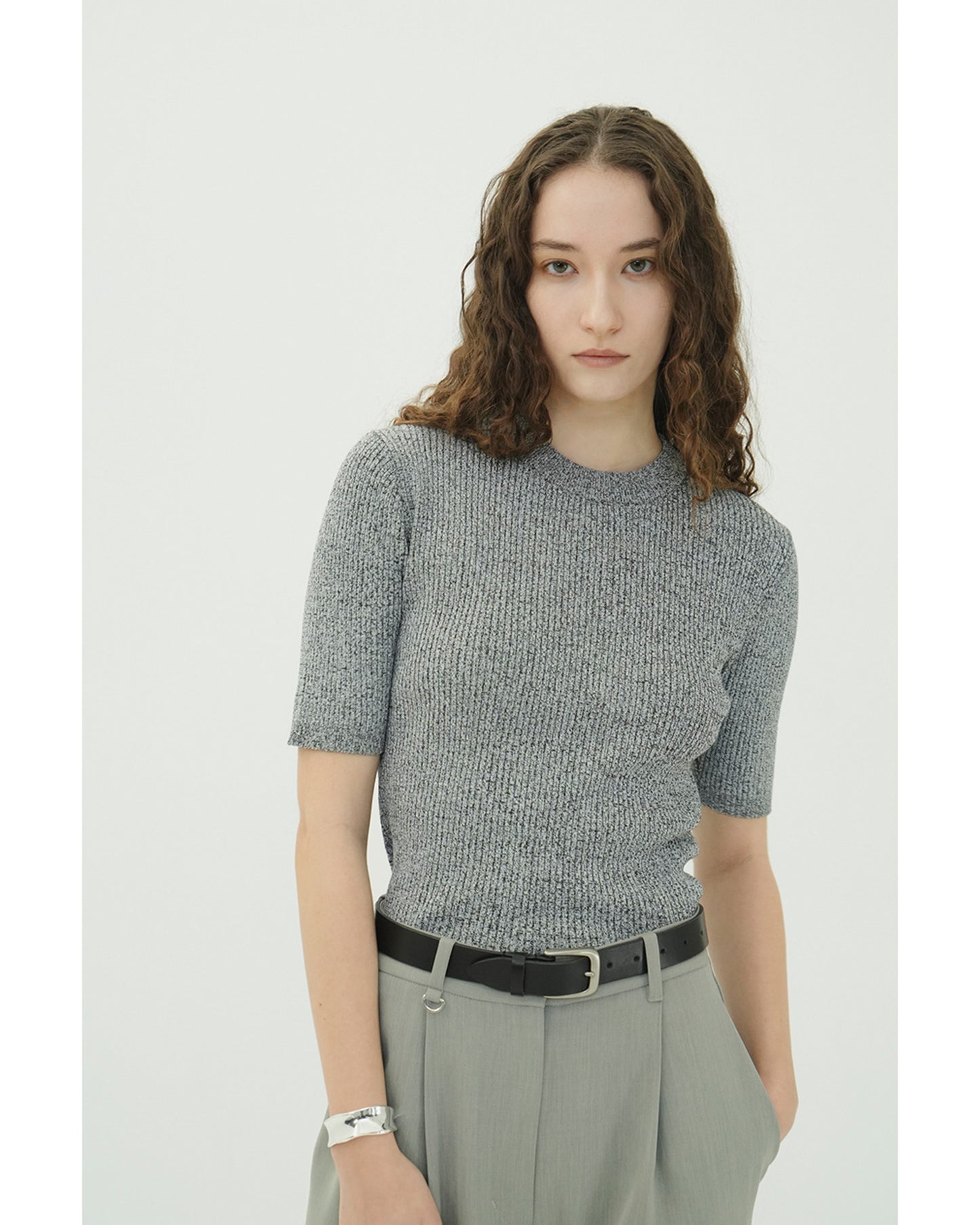 H/N HALF SLEEVE RIB KNIT TOPS