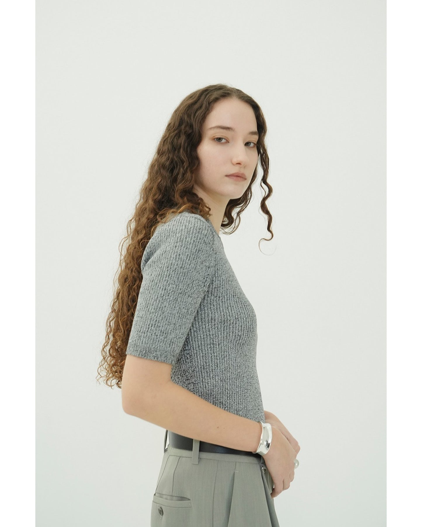 H/N HALF SLEEVE RIB KNIT TOPS