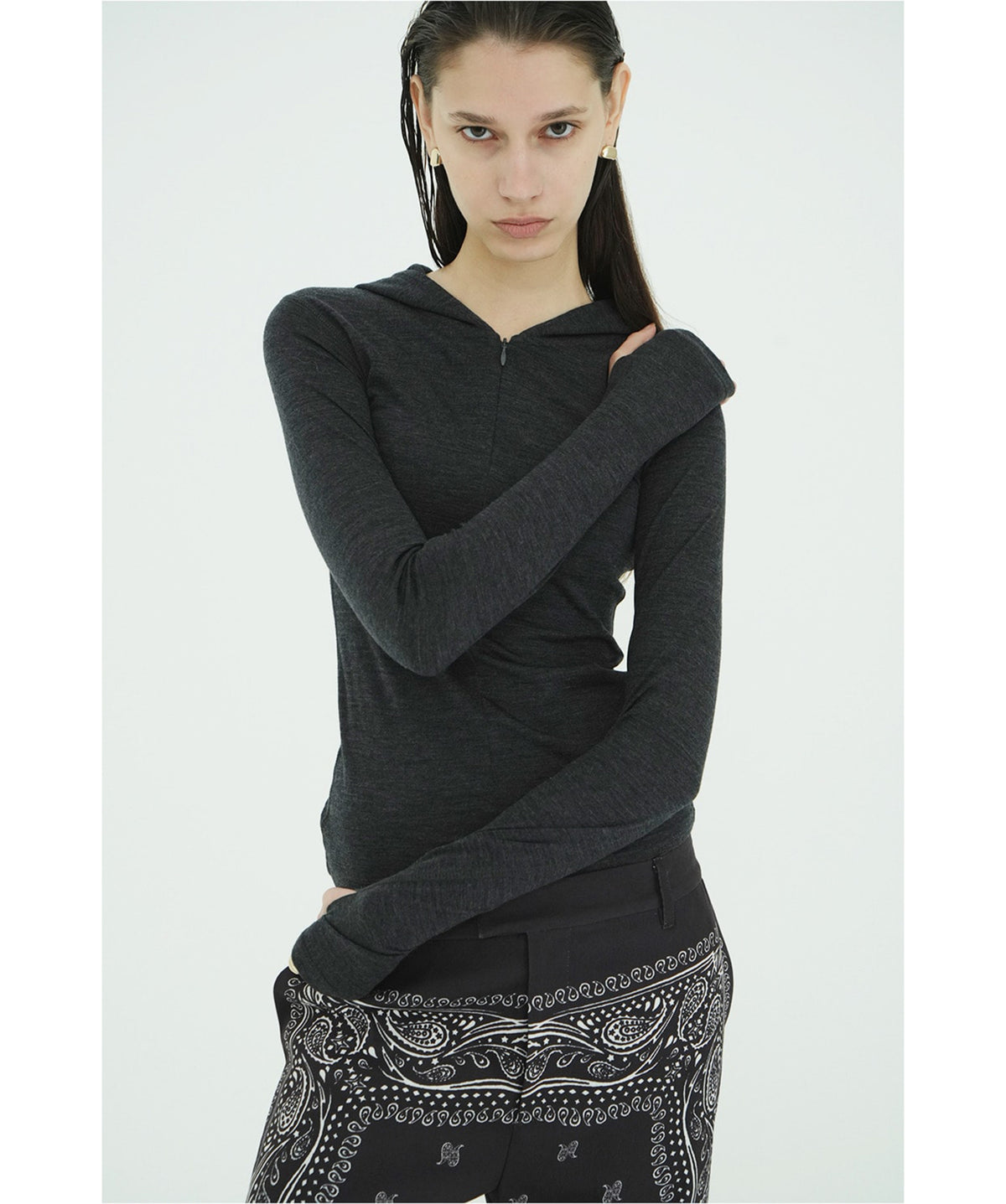 HALF ZIP WOOL HOODED TOPS