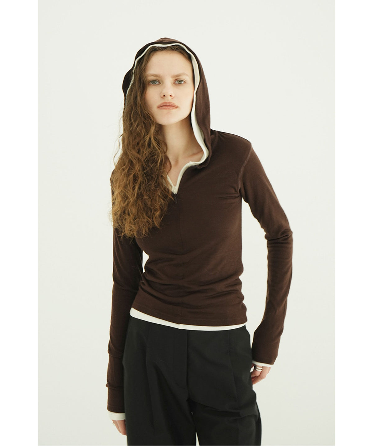 HALF ZIP WOOL HOODED TOPS