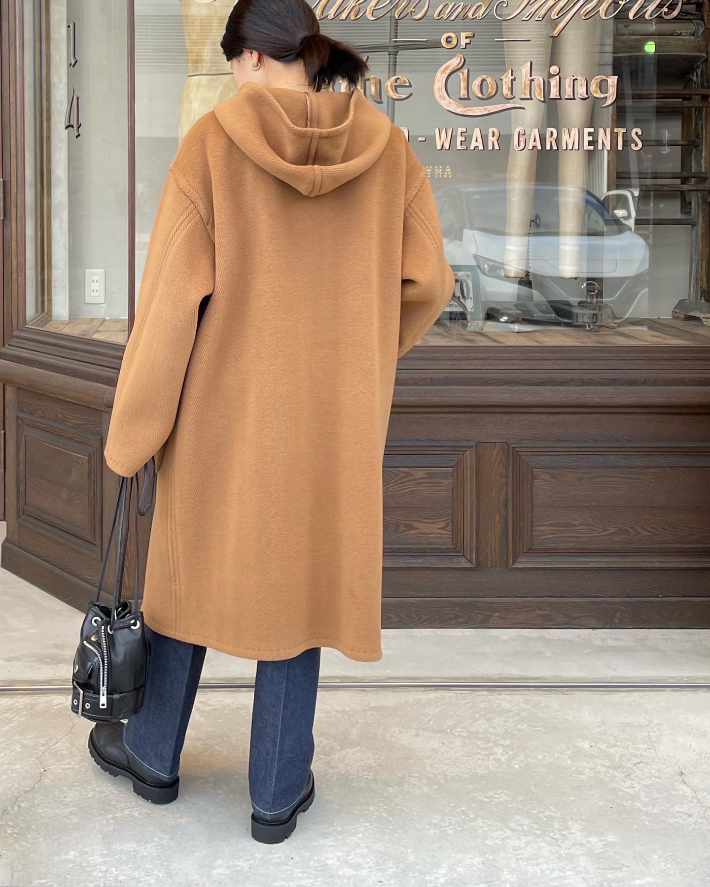 WOOL HERRINGBONE PILE HOODED COAT