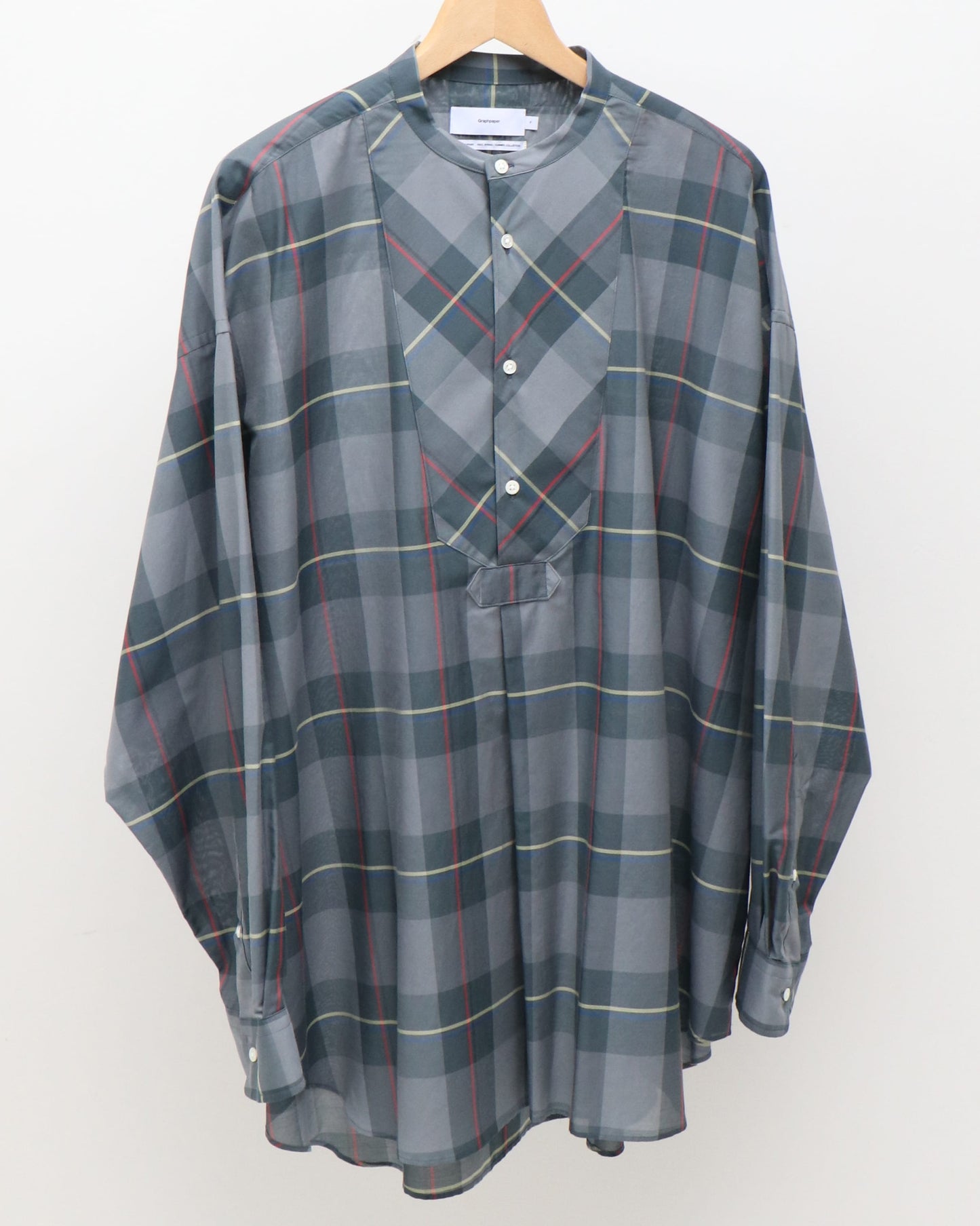 Sheer Check Oversized Band Collar Bosom Shirt CHECK