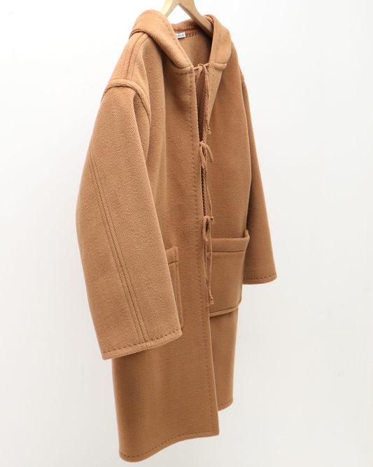 WOOL HERRINGBONE PILE HOODED COAT