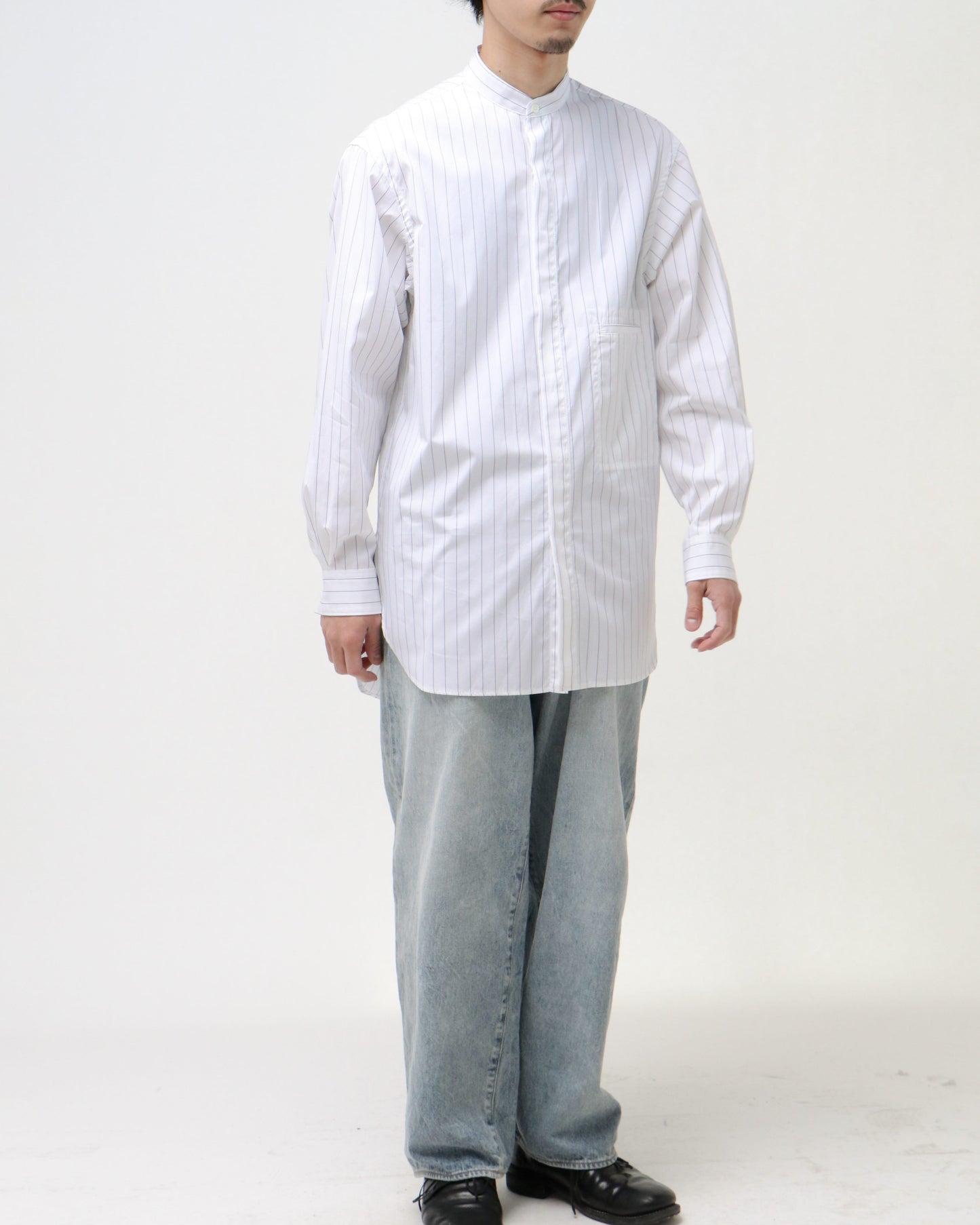 STRIPED BAND COLLAR SHIRTS WHITE(WIDE)