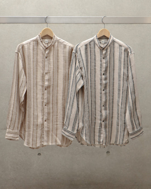 Linen Silk Stripe Band Collar Shirt